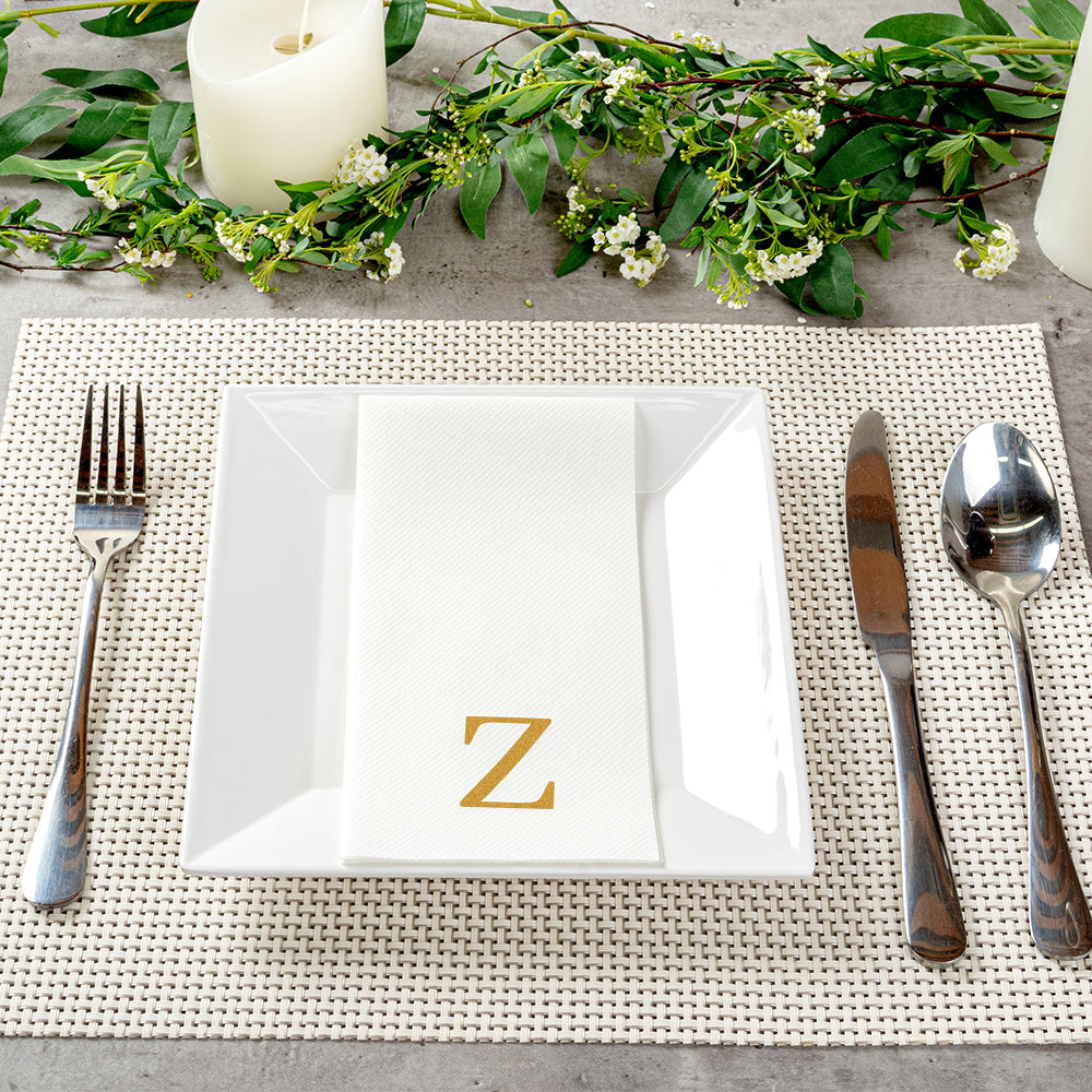 Luxenap Rectangle Gold Letter Z White Paper Linen-Feel Guest Towel / Napkin - Air Laid, Sans Serif Font - 15 3/4" x 8" - 50 count box
