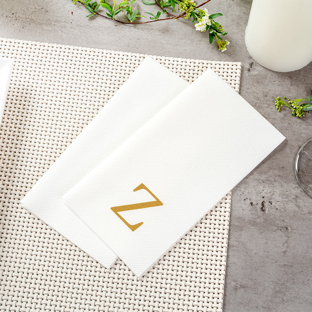 Luxenap Rectangle Gold Letter Z White Paper Linen-Feel Guest Towel / Napkin - Air Laid, Sans Serif Font - 15 3/4" x 8" - 50 count box