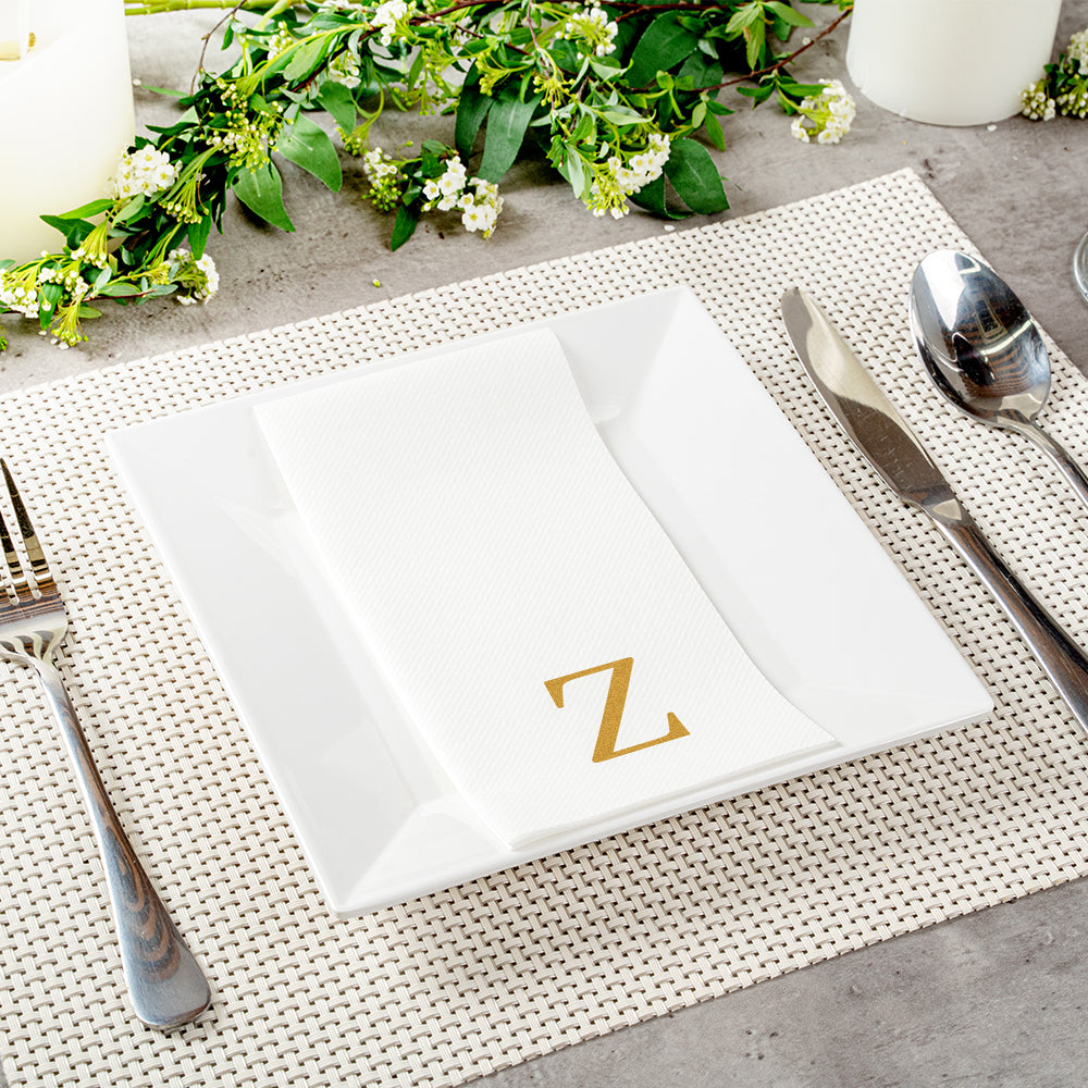 Luxenap Rectangle Gold Letter Z White Paper Linen-Feel Guest Towel / Napkin - Air Laid, Sans Serif Font - 15 3/4" x 8" - 50 count box