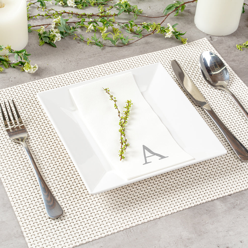 Luxenap Rectangle Silver Letter A White Paper Linen-Feel Guest Towel / Napkin - Air Laid, Sans Serif Font - 15 3/4" x 8" - 2000 count box