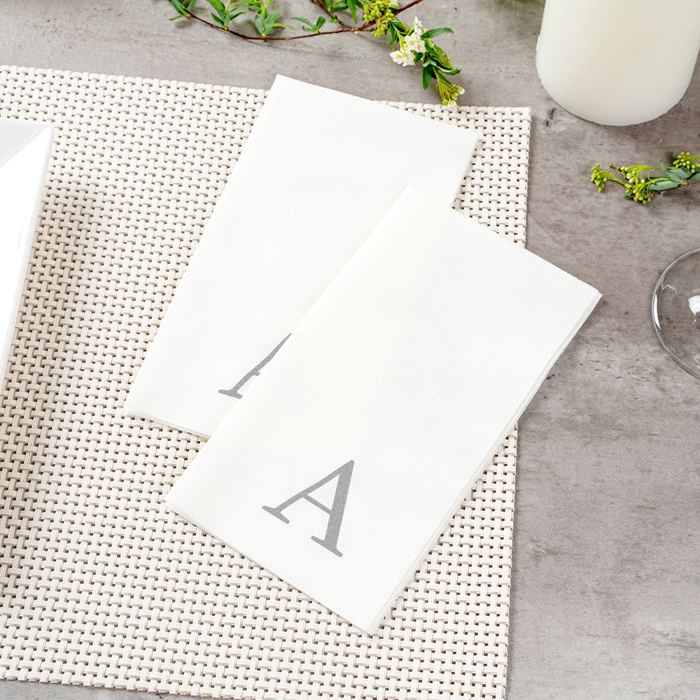 Luxenap Rectangle Silver Letter A White Paper Linen-Feel Guest Towel / Napkin - Air Laid, Sans Serif Font - 15 3/4" x 8" - 50 count box