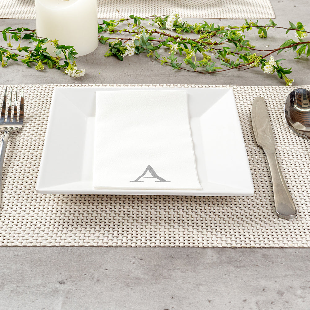 Luxenap Rectangle Silver Letter A White Paper Linen-Feel Guest Towel / Napkin - Air Laid, Sans Serif Font - 15 3/4" x 8" - 50 count box