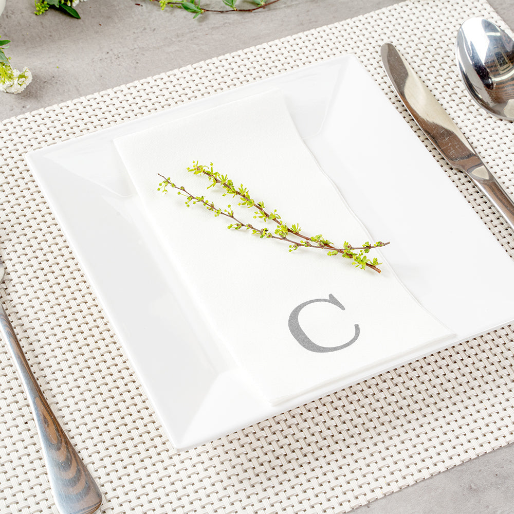 Luxenap Rectangle Silver Letter C White Paper Linen-Feel Guest Towel / Napkin - Air Laid, Sans Serif Font - 15 3/4" x 8" - 2000 count box