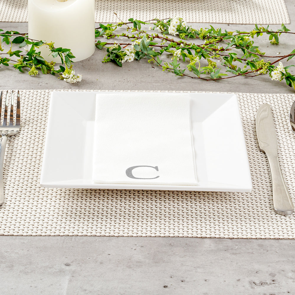 Luxenap Rectangle Silver Letter C White Paper Linen-Feel Guest Towel / Napkin - Air Laid, Sans Serif Font - 15 3/4" x 8" - 2000 count box