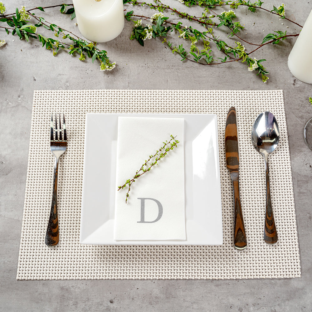 Luxenap Rectangle Silver Letter D White Paper Linen-Feel Guest Towel / Napkin - Air Laid, Sans Serif Font - 15 3/4" x 8" - 50 count box