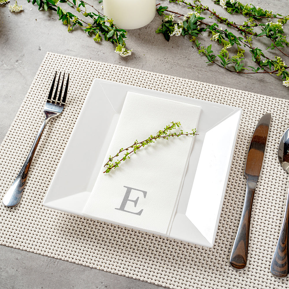 Luxenap Rectangle Silver Letter E White Paper Linen-Feel Guest Towel / Napkin - Air Laid, Sans Serif Font - 15 3/4" x 8" - 2000 count box