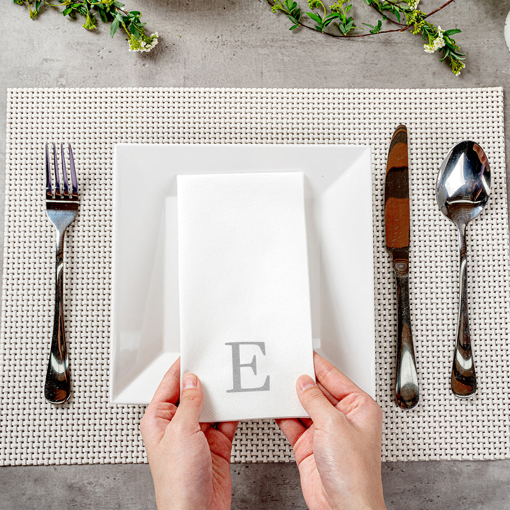 Luxenap Rectangle Silver Letter E White Paper Linen-Feel Guest Towel / Napkin - Air Laid, Sans Serif Font - 15 3/4" x 8" - 50 count box
