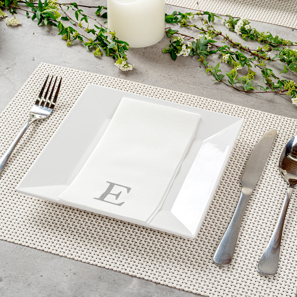 Luxenap Rectangle Silver Letter E White Paper Linen-Feel Guest Towel / Napkin - Air Laid, Sans Serif Font - 15 3/4" x 8" - 2000 count box