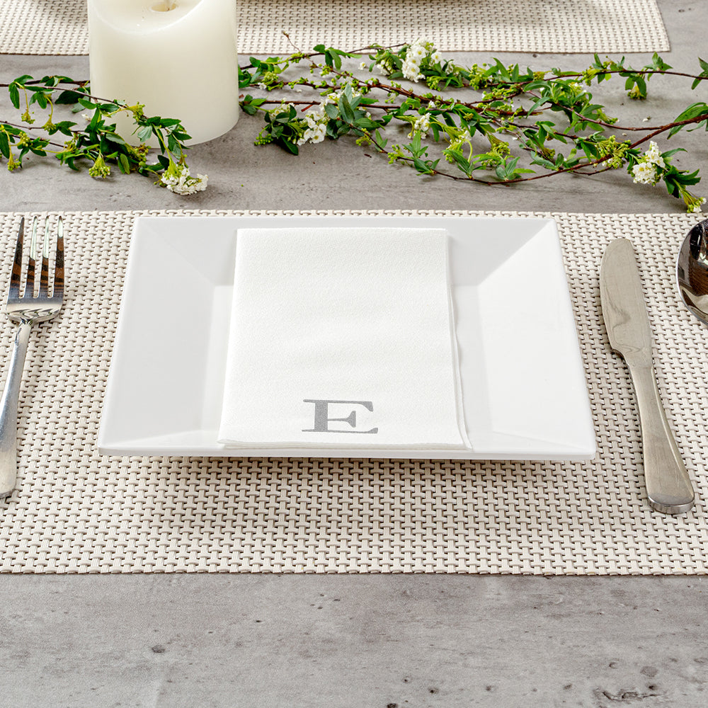 Luxenap Rectangle Silver Letter E White Paper Linen-Feel Guest Towel / Napkin - Air Laid, Sans Serif Font - 15 3/4" x 8" - 2000 count box