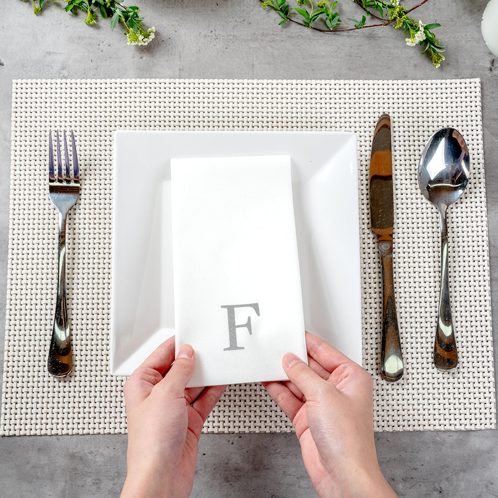 Luxenap Rectangle Silver Letter F White Paper Linen-Feel Guest Towel / Napkin - Air Laid, Sans Serif Font - 15 3/4" x 8" - 50 count box