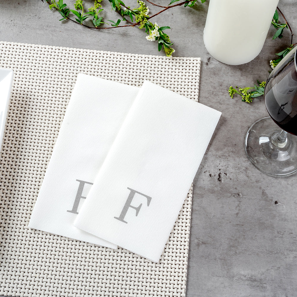 Luxenap Rectangle Silver Letter F White Paper Linen-Feel Guest Towel / Napkin - Air Laid, Sans Serif Font - 15 3/4" x 8" - 50 count box