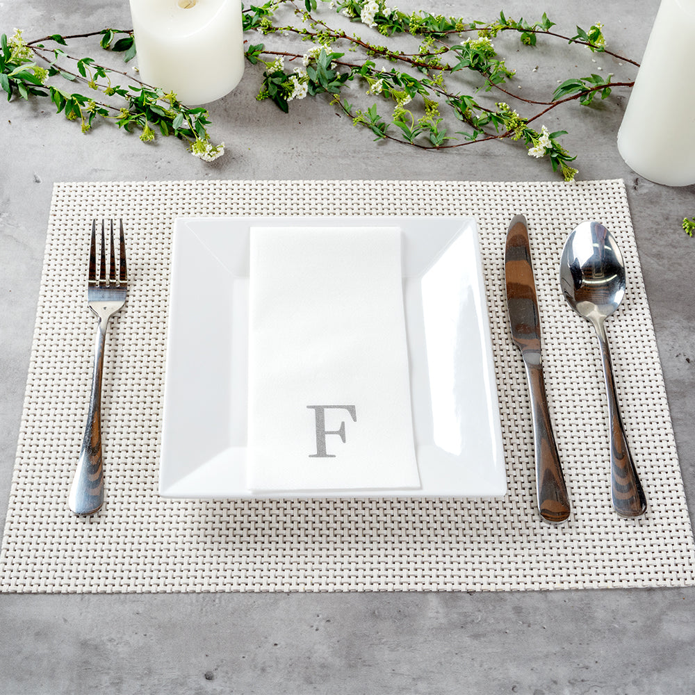 Luxenap Rectangle Silver Letter F White Paper Linen-Feel Guest Towel / Napkin - Air Laid, Sans Serif Font - 15 3/4" x 8" - 2000 count box