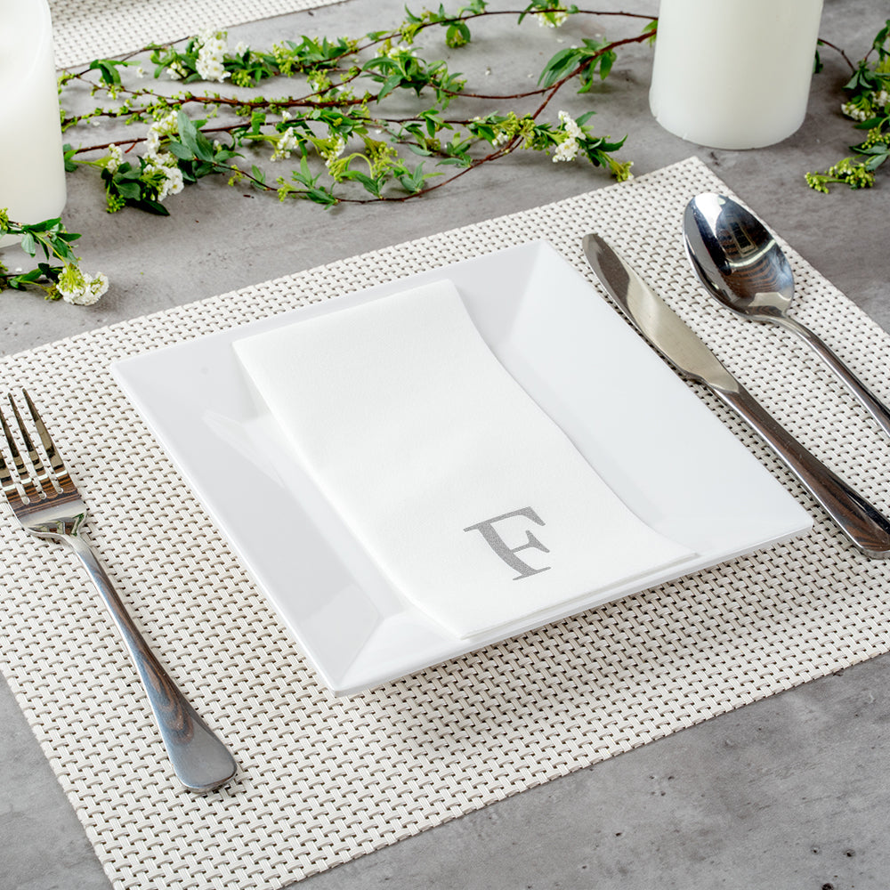Luxenap Rectangle Silver Letter F White Paper Linen-Feel Guest Towel / Napkin - Air Laid, Sans Serif Font - 15 3/4" x 8" - 2000 count box