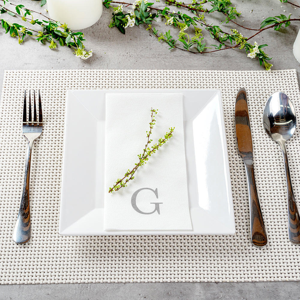 Luxenap Rectangle Silver Letter G White Paper Linen-Feel Guest Towel / Napkin - Air Laid, Sans Serif Font - 15 3/4" x 8" - 2000 count box