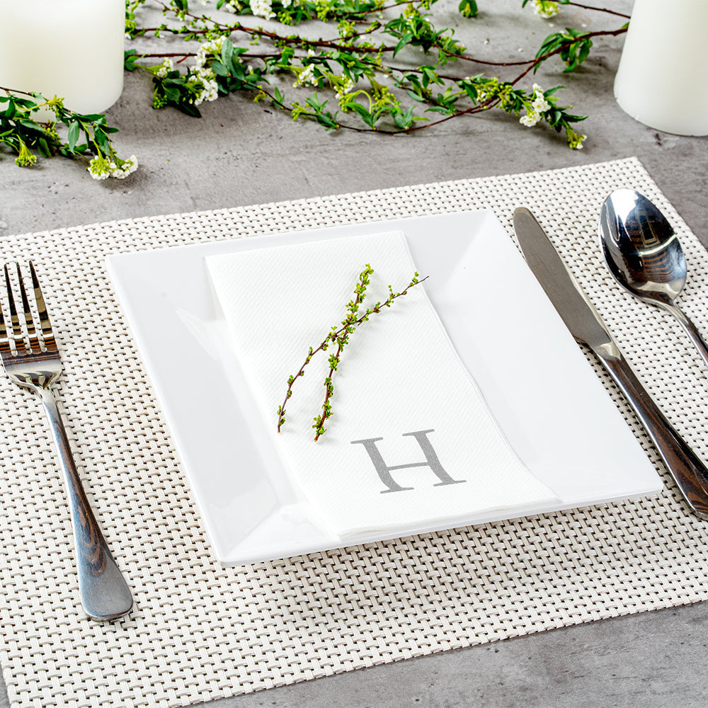 Luxenap Rectangle Silver Letter H White Paper Linen-Feel Guest Towel / Napkin - Air Laid, Sans Serif Font - 15 3/4" x 8" - 50 count box