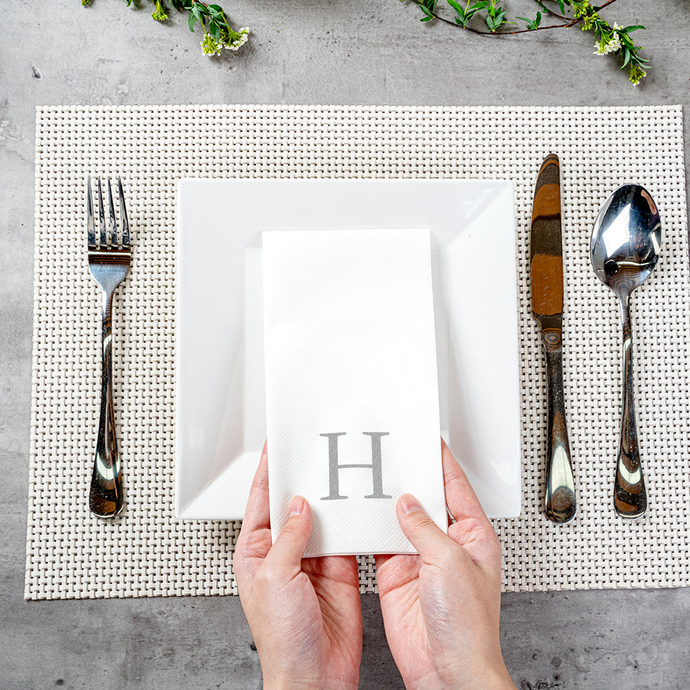 Luxenap Rectangle Silver Letter H White Paper Linen-Feel Guest Towel / Napkin - Air Laid, Sans Serif Font - 15 3/4" x 8" - 50 count box