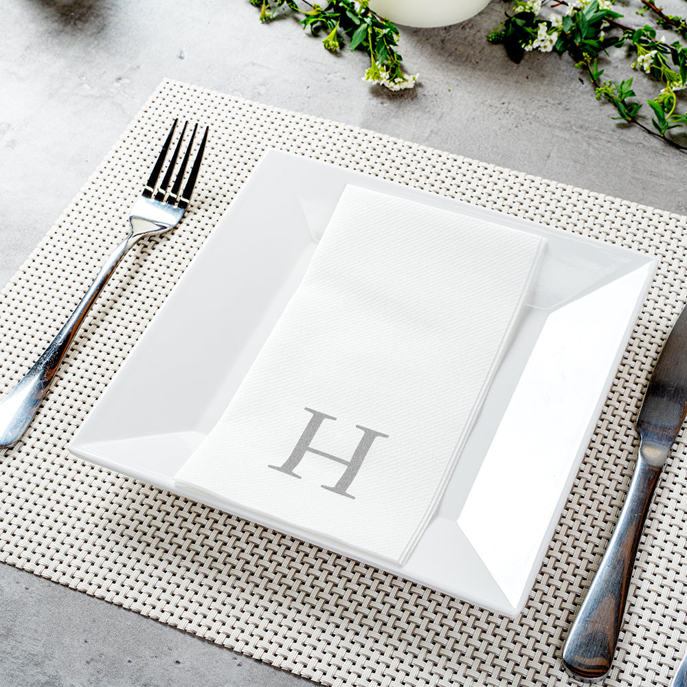 Luxenap Rectangle Silver Letter H White Paper Linen-Feel Guest Towel / Napkin - Air Laid, Sans Serif Font - 15 3/4" x 8" - 50 count box