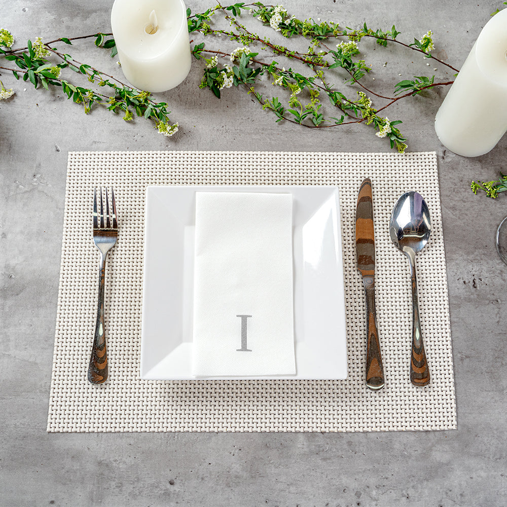 Luxenap Rectangle Silver Letter I White Paper Linen-Feel Guest Towel / Napkin - Air Laid, Sans Serif Font - 15 3/4" x 8" - 50 count box
