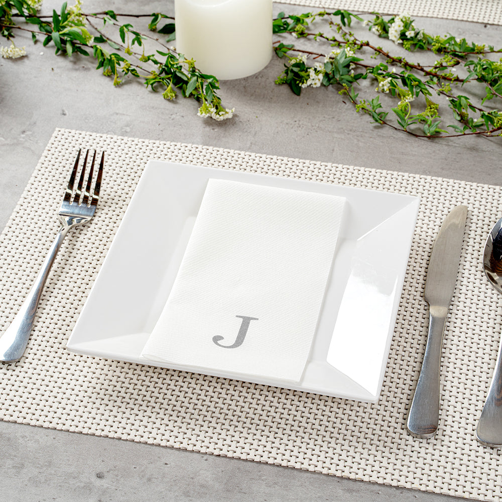 Luxenap Rectangle Silver Letter J White Paper Linen-Feel Guest Towel / Napkin - Air Laid, Sans Serif Font - 15 3/4" x 8" - 2000 count box