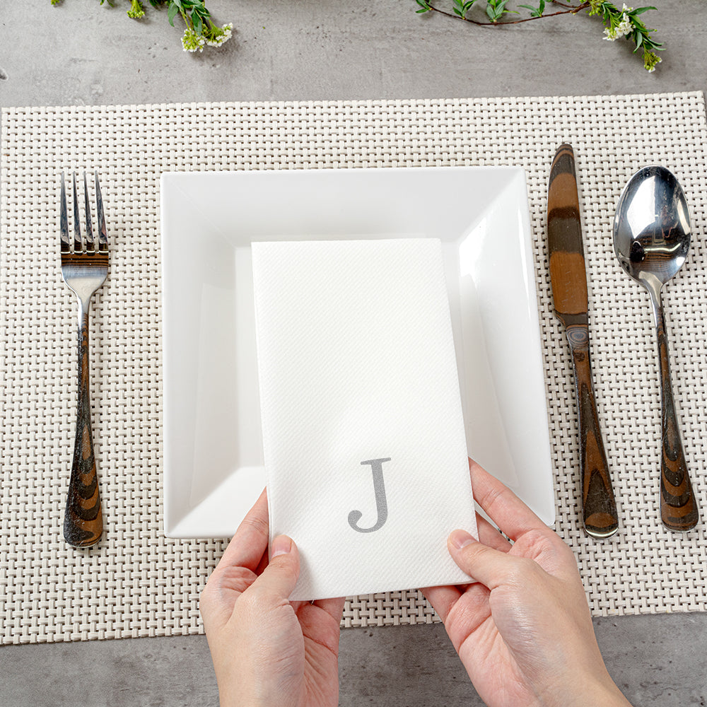 Luxenap Rectangle Silver Letter J White Paper Linen-Feel Guest Towel / Napkin - Air Laid, Sans Serif Font - 15 3/4" x 8" - 50 count box