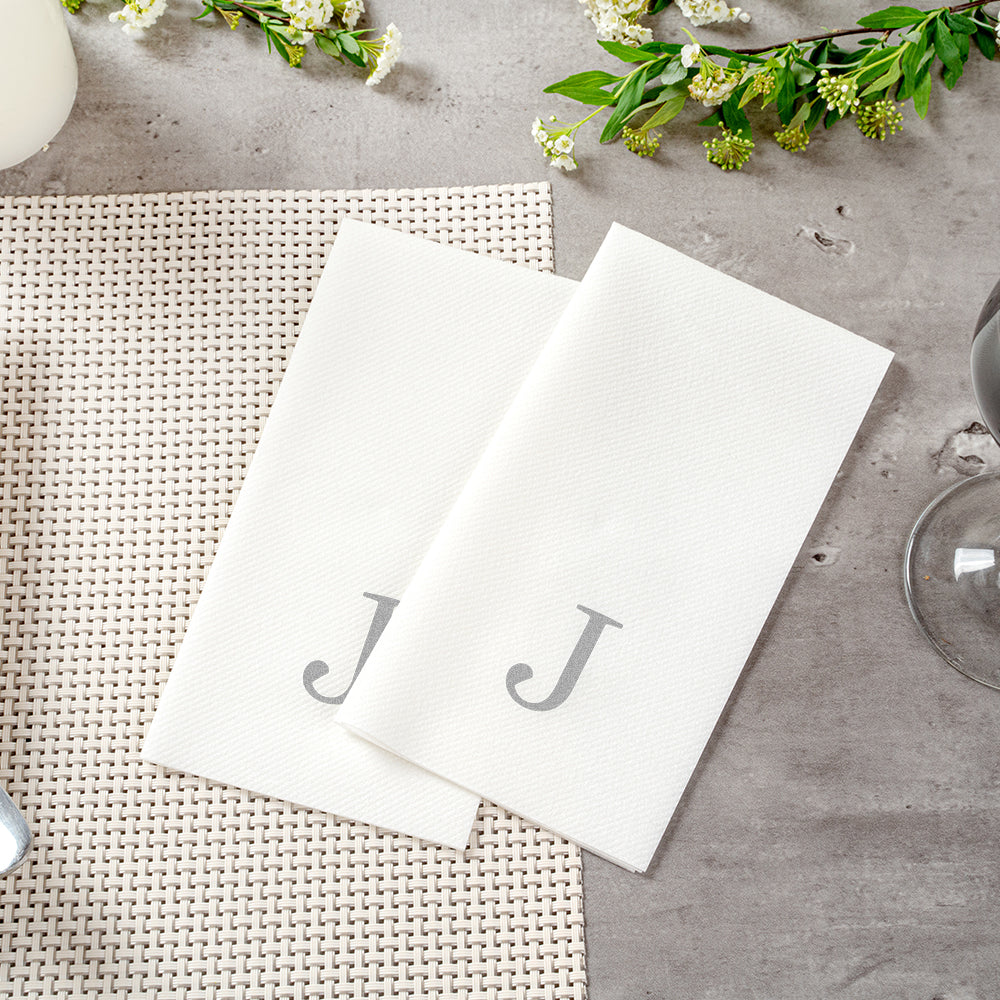 Luxenap Rectangle Silver Letter J White Paper Linen-Feel Guest Towel / Napkin - Air Laid, Sans Serif Font - 15 3/4" x 8" - 50 count box