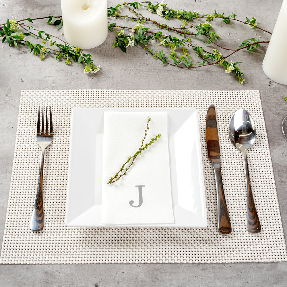 Luxenap Rectangle Silver Letter J White Paper Linen-Feel Guest Towel / Napkin - Air Laid, Sans Serif Font - 15 3/4" x 8" - 2000 count box