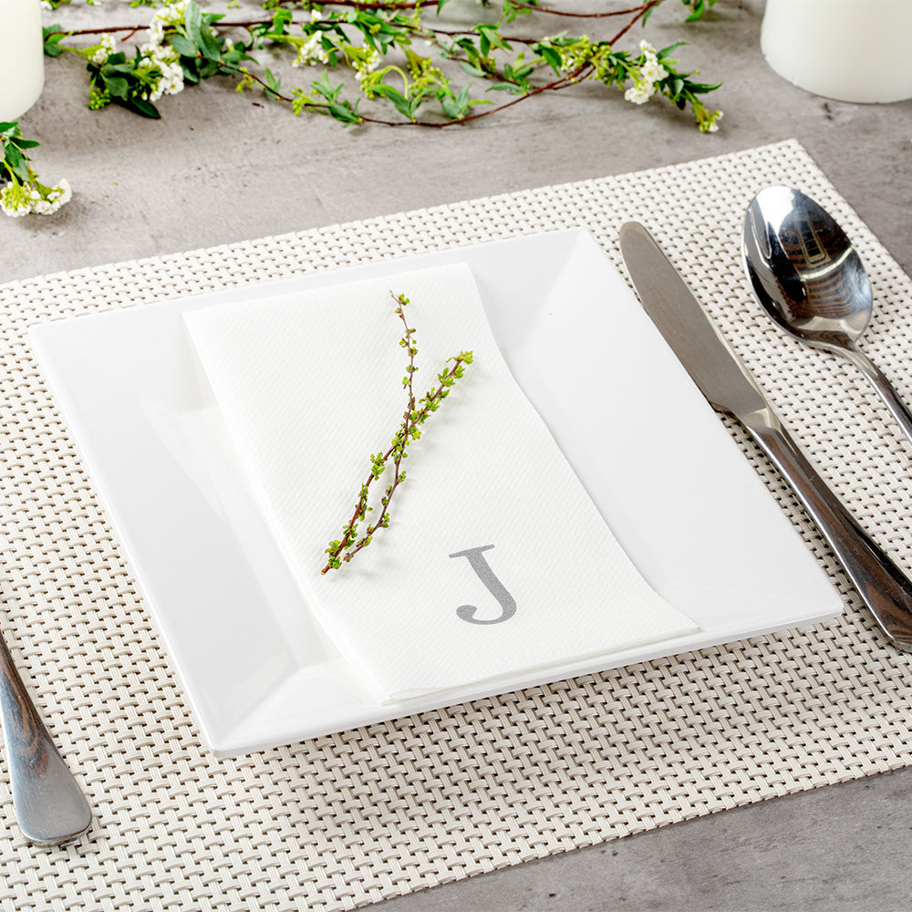 Luxenap Rectangle Silver Letter J White Paper Linen-Feel Guest Towel / Napkin - Air Laid, Sans Serif Font - 15 3/4" x 8" - 2000 count box