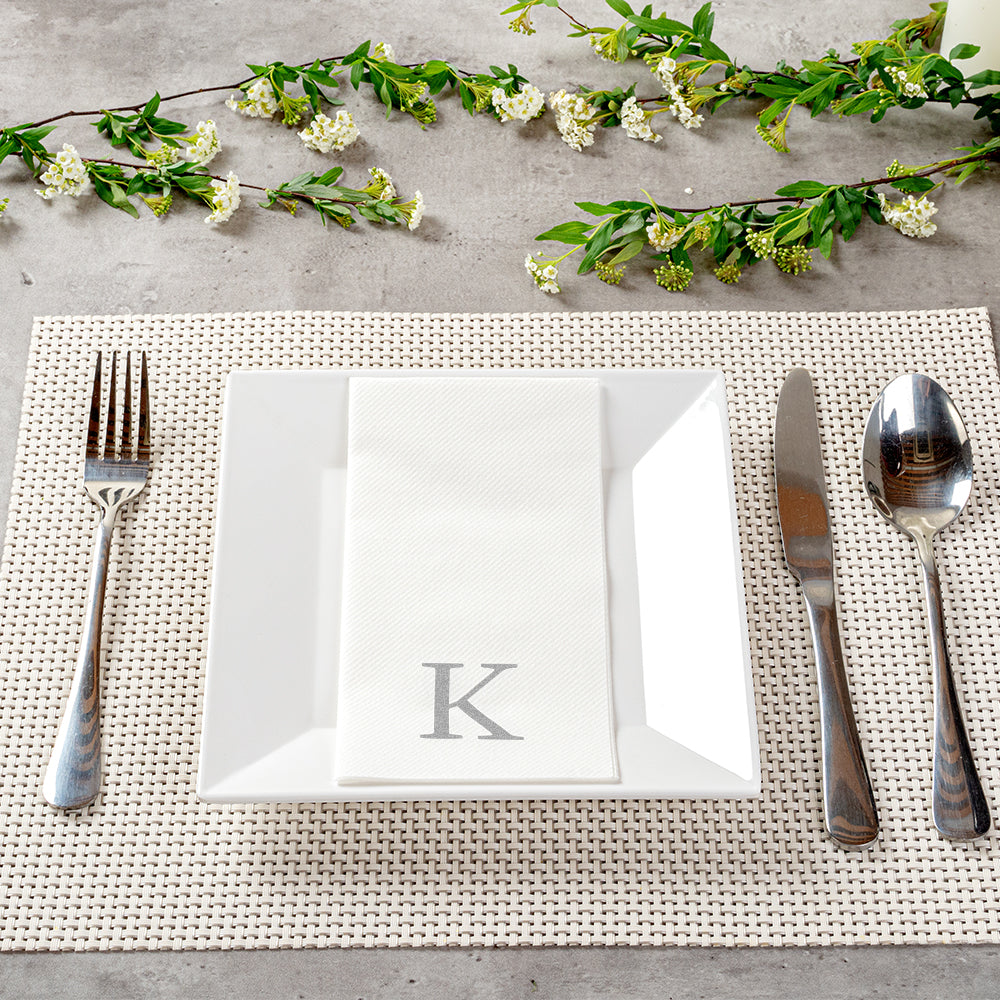 Luxenap Rectangle Silver Letter K White Paper Linen-Feel Guest Towel / Napkin - Air Laid, Sans Serif Font - 15 3/4" x 8" - 50 count box
