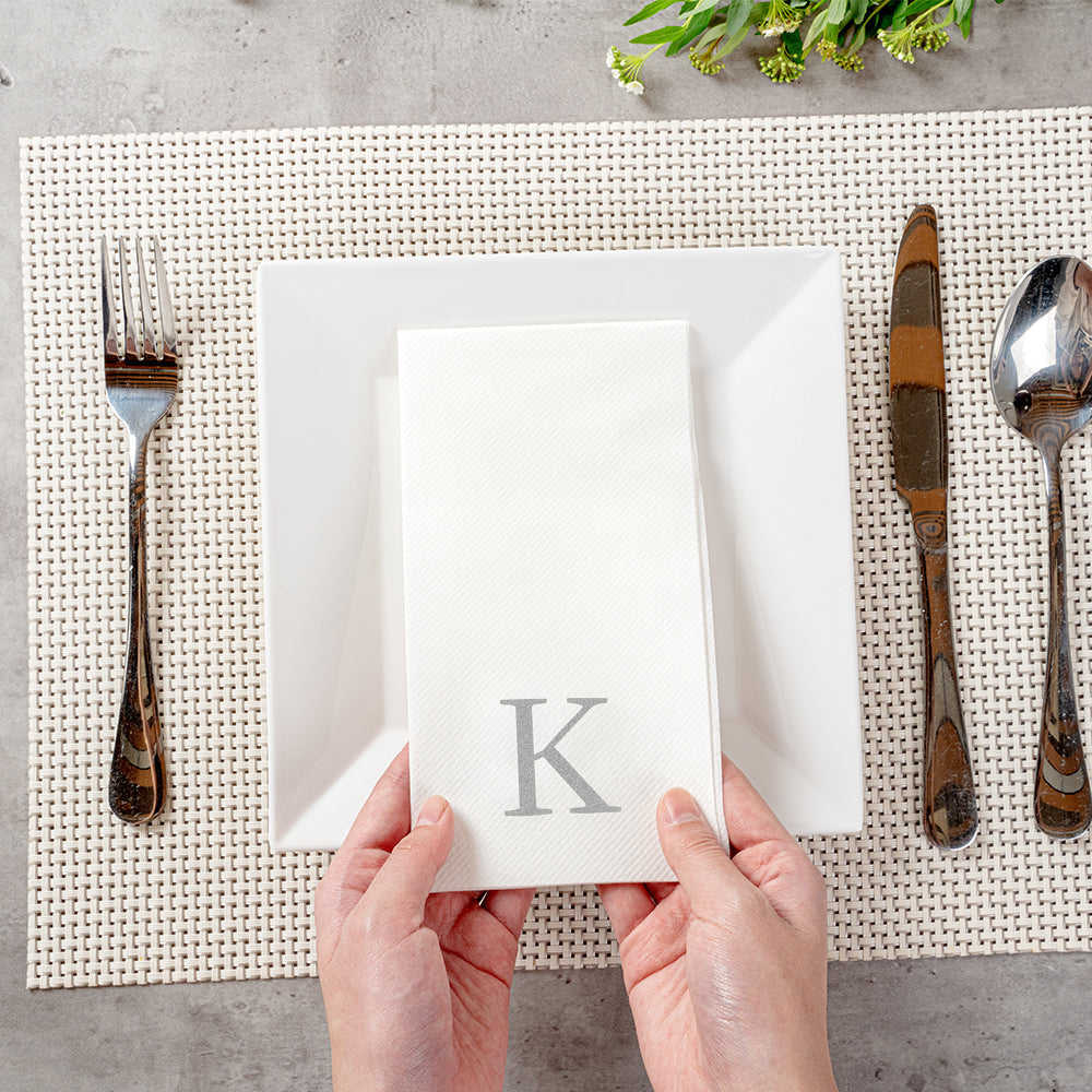 Luxenap Rectangle Silver Letter K White Paper Linen-Feel Guest Towel / Napkin - Air Laid, Sans Serif Font - 15 3/4" x 8" - 50 count box