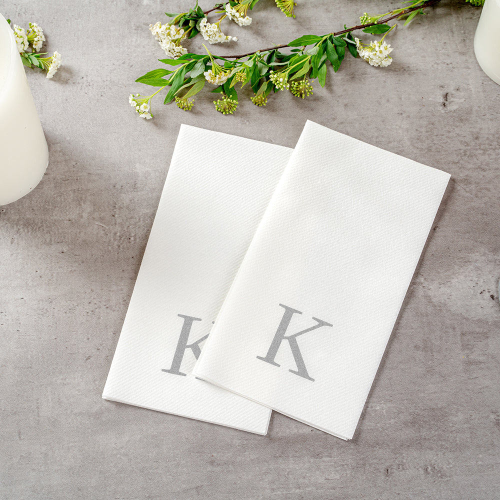 Luxenap Rectangle Silver Letter K White Paper Linen-Feel Guest Towel / Napkin - Air Laid, Sans Serif Font - 15 3/4" x 8" - 50 count box