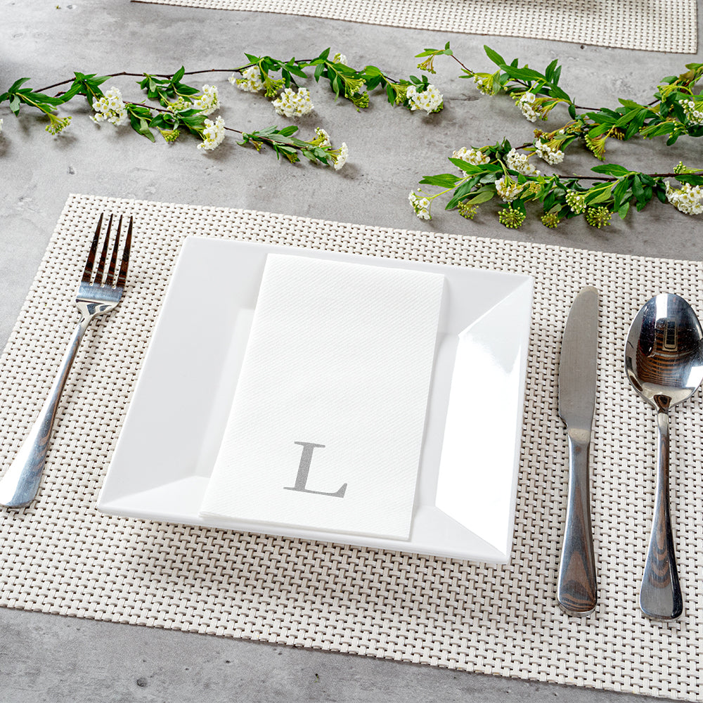 Luxenap Rectangle Silver Letter L White Paper Linen-Feel Guest Towel / Napkin - Air Laid, Sans Serif Font - 15 3/4" x 8" - 50 count box