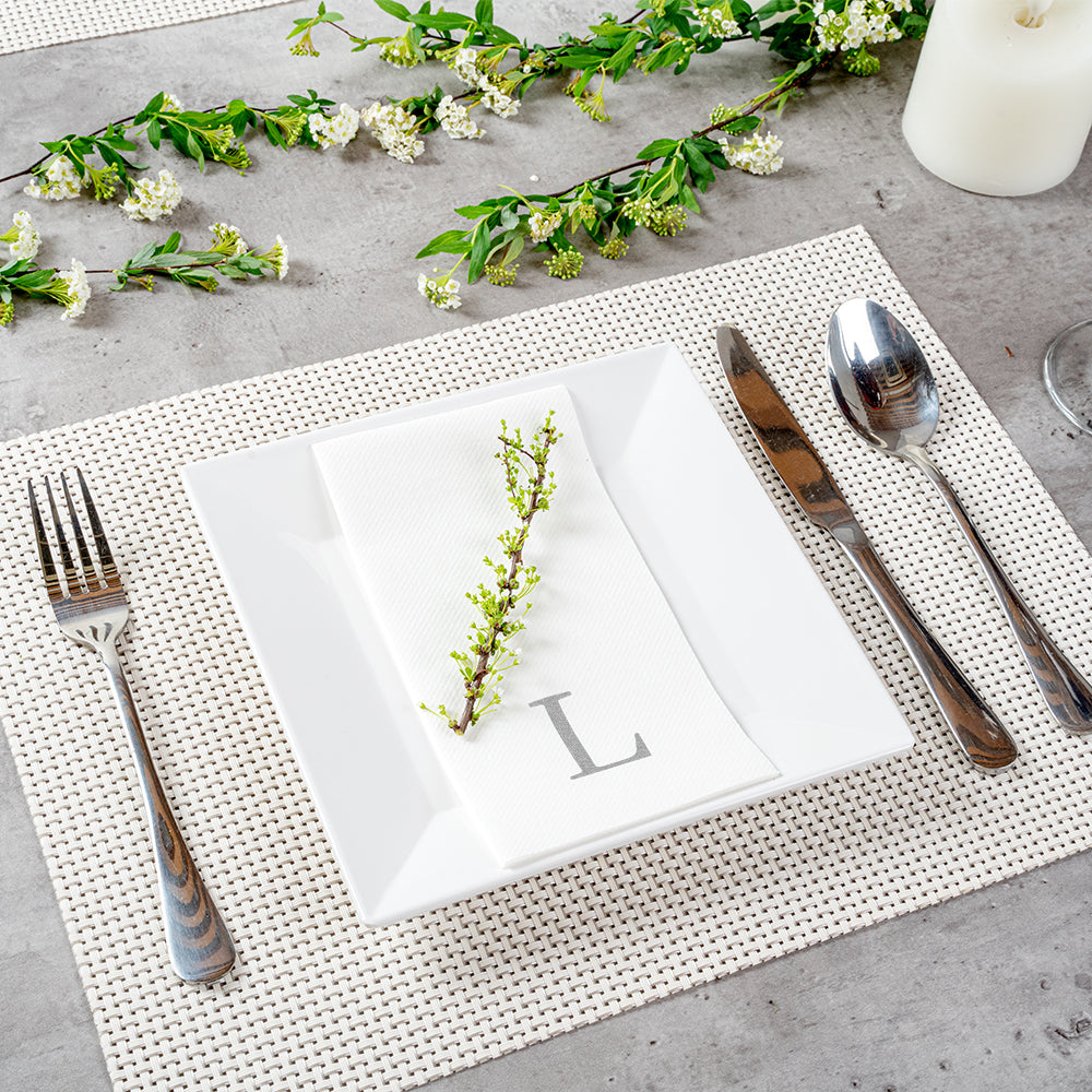 Luxenap Rectangle Silver Letter L White Paper Linen-Feel Guest Towel / Napkin - Air Laid, Sans Serif Font - 15 3/4" x 8" - 50 count box