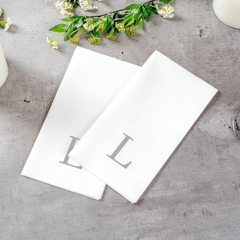 Luxenap Rectangle Silver Letter L White Paper Linen-Feel Guest Towel / Napkin - Air Laid, Sans Serif Font - 15 3/4" x 8" - 50 count box