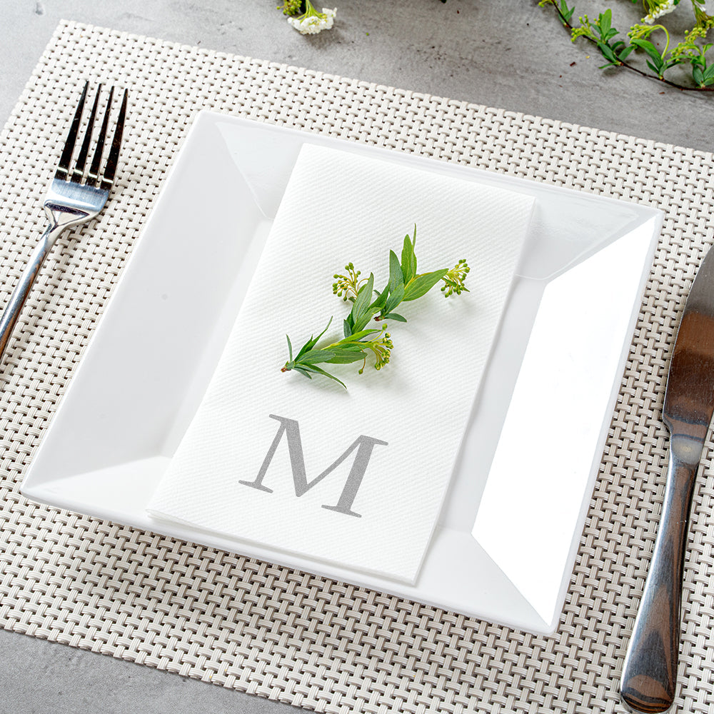 Luxenap Rectangle Silver Letter M White Paper Linen-Feel Guest Towel / Napkin - Air Laid, Sans Serif Font - 15 3/4" x 8" - 50 count box