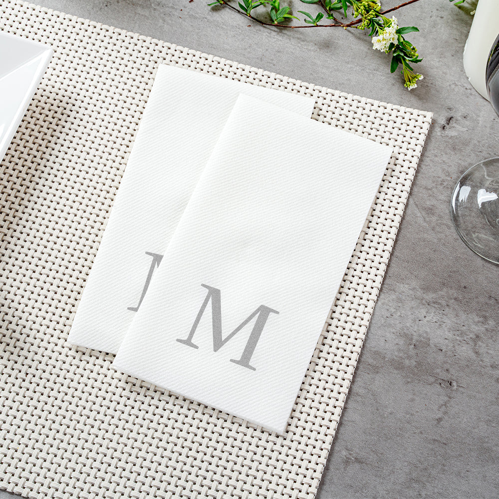 Luxenap Rectangle Silver Letter M White Paper Linen-Feel Guest Towel / Napkin - Air Laid, Sans Serif Font - 15 3/4" x 8" - 50 count box