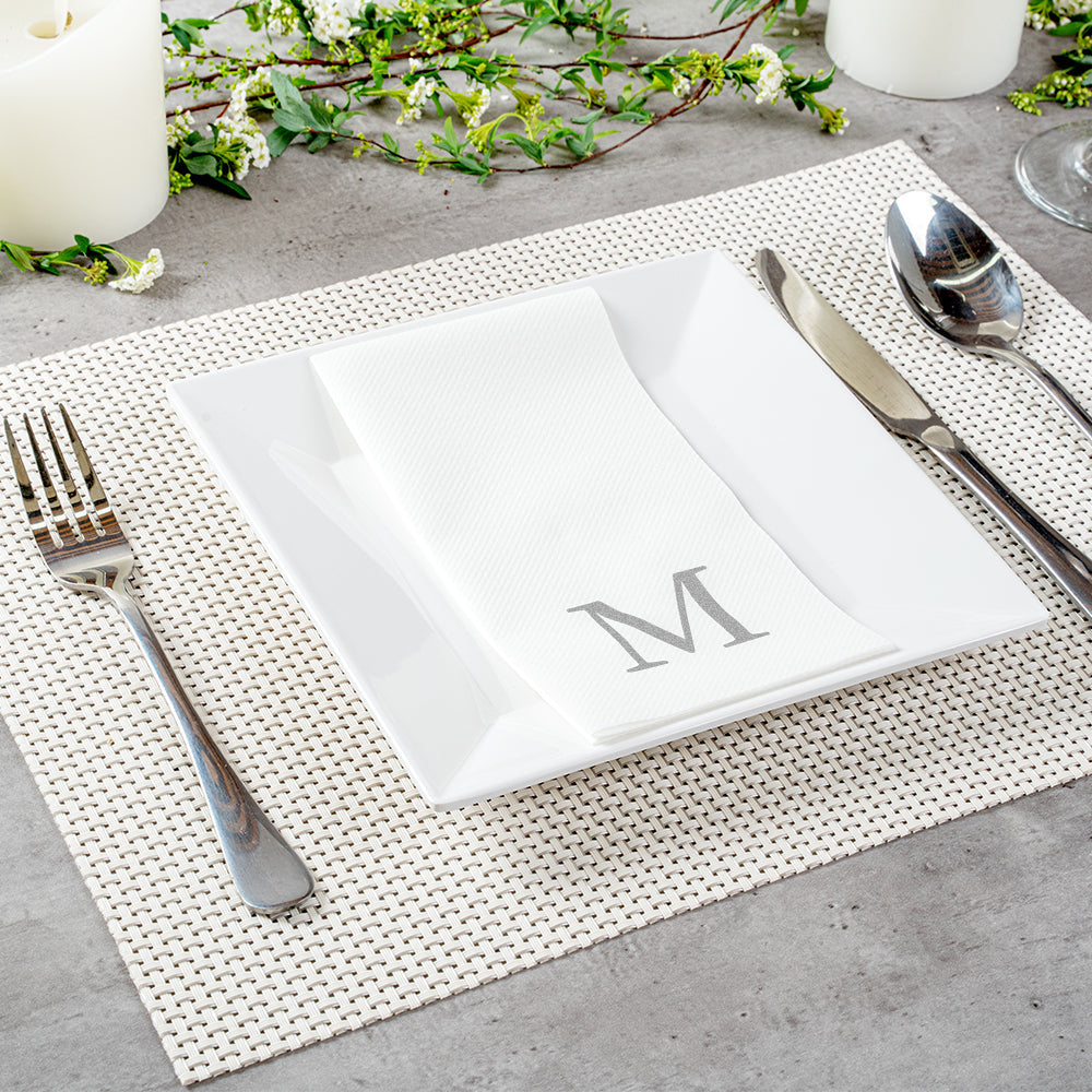 Luxenap Rectangle Silver Letter M White Paper Linen-Feel Guest Towel / Napkin - Air Laid, Sans Serif Font - 15 3/4" x 8" - 50 count box