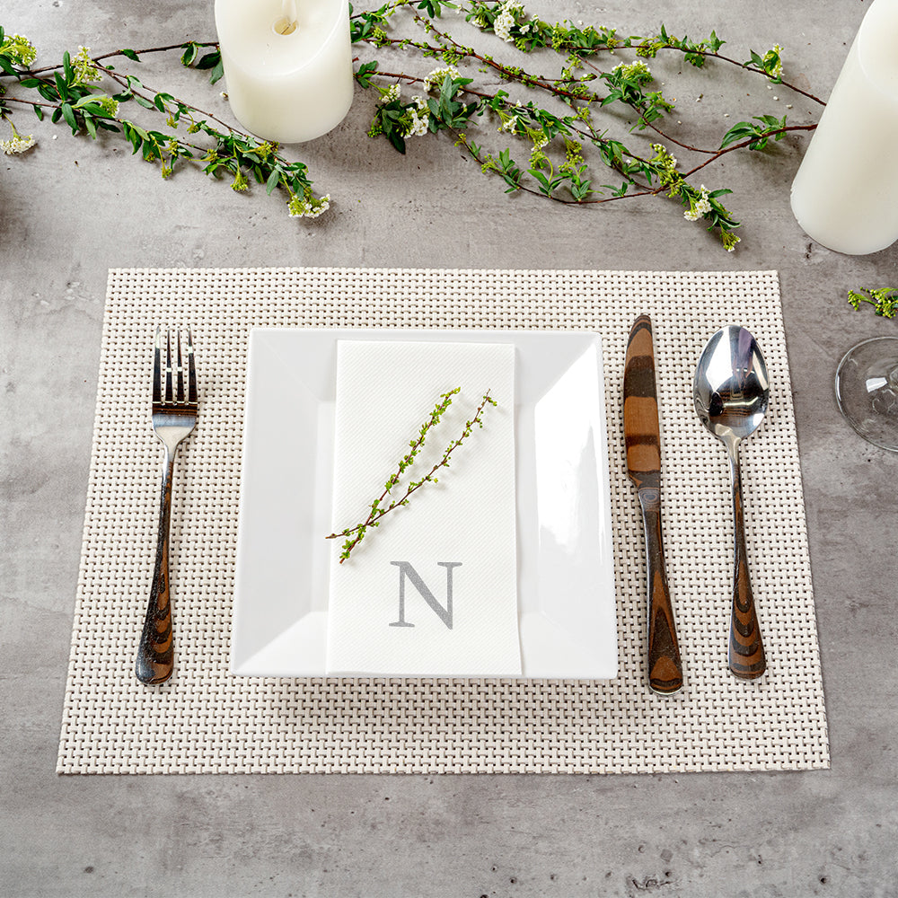 Luxenap Rectangle Silver Letter N White Paper Linen-Feel Guest Towel / Napkin - Air Laid, Sans Serif Font - 15 3/4" x 8" - 50 count box