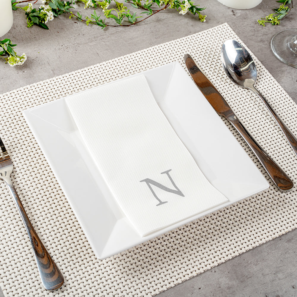 Luxenap Rectangle Silver Letter N White Paper Linen-Feel Guest Towel / Napkin - Air Laid, Sans Serif Font - 15 3/4" x 8" - 50 count box