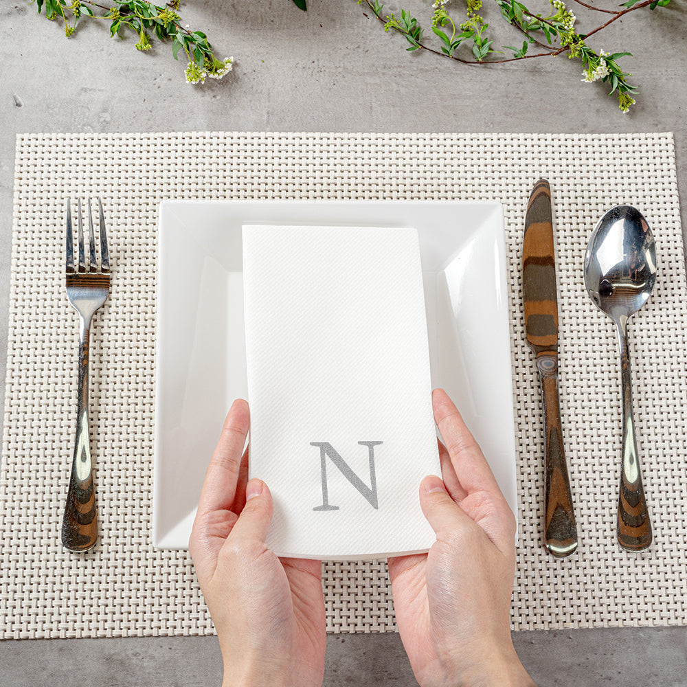 Luxenap Rectangle Silver Letter N White Paper Linen-Feel Guest Towel / Napkin - Air Laid, Sans Serif Font - 15 3/4" x 8" - 2000 count box