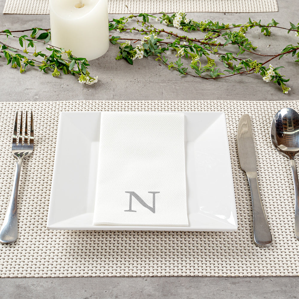 Luxenap Rectangle Silver Letter N White Paper Linen-Feel Guest Towel / Napkin - Air Laid, Sans Serif Font - 15 3/4" x 8" - 2000 count box