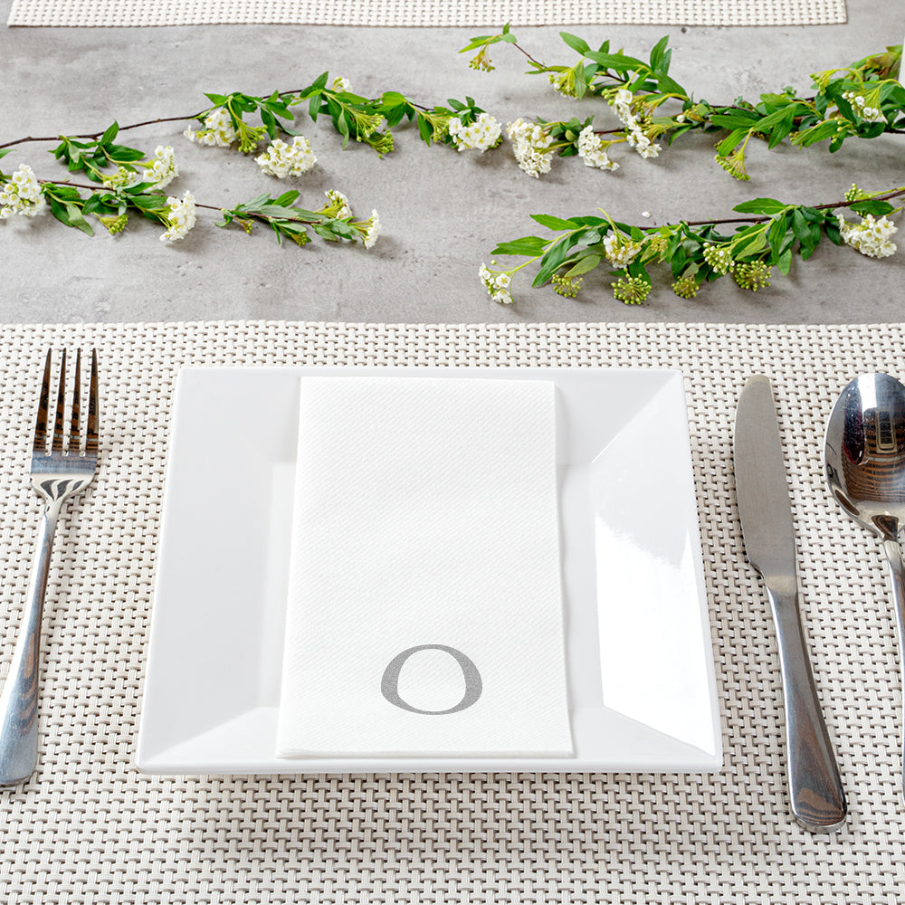Luxenap Rectangle Silver Letter O White Paper Linen-Feel Guest Towel / Napkin - Air Laid, Sans Serif Font - 15 3/4" x 8" - 2000 count box
