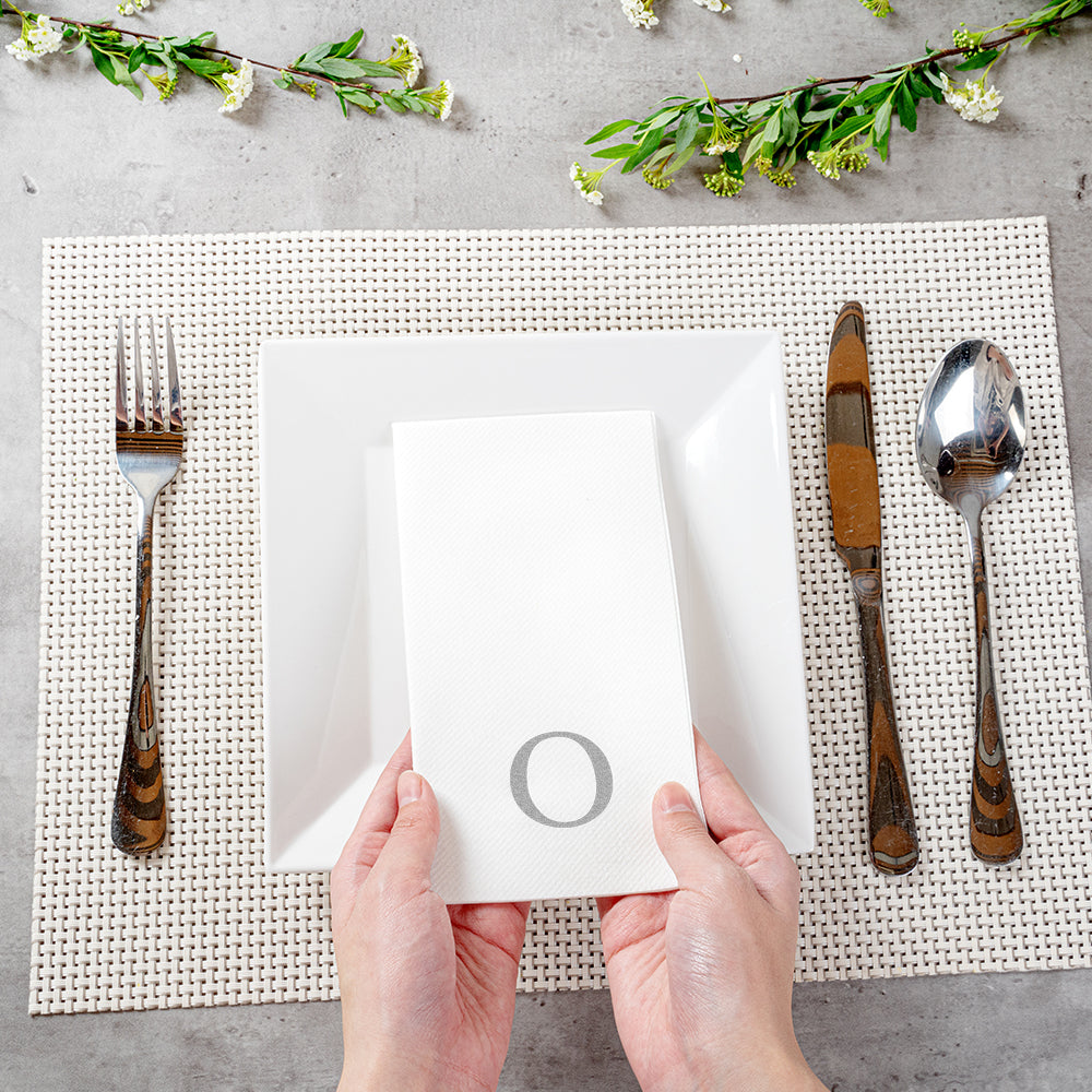 Luxenap Rectangle Silver Letter O White Paper Linen-Feel Guest Towel / Napkin - Air Laid, Sans Serif Font - 15 3/4" x 8" - 2000 count box