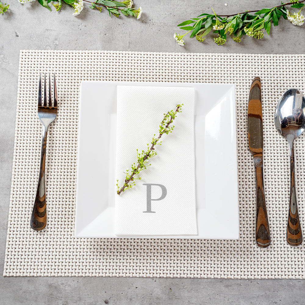 Luxenap Rectangle Silver Letter P White Paper Linen-Feel Guest Towel / Napkin - Air Laid, Sans Serif Font - 15 3/4" x 8" - 2000 count box