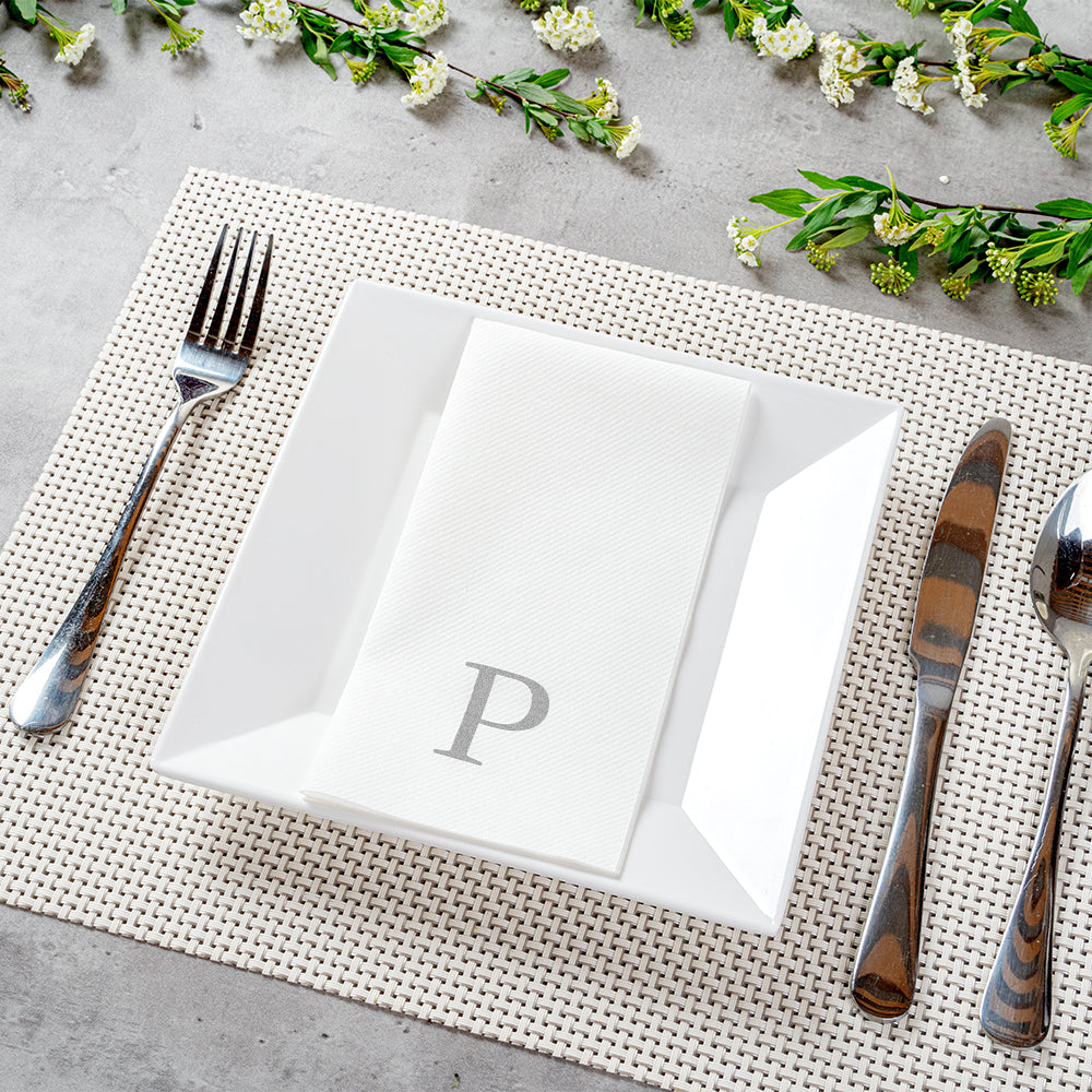 Luxenap Rectangle Silver Letter P White Paper Linen-Feel Guest Towel / Napkin - Air Laid, Sans Serif Font - 15 3/4" x 8" - 2000 count box