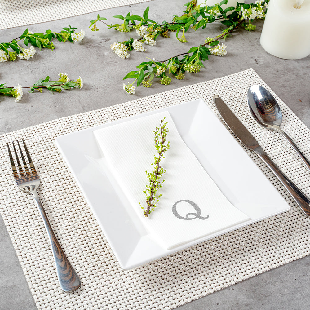 Luxenap Rectangle Silver Letter Q White Paper Linen-Feel Guest Towel / Napkin - Air Laid, Sans Serif Font - 15 3/4" x 8" - 2000 count box