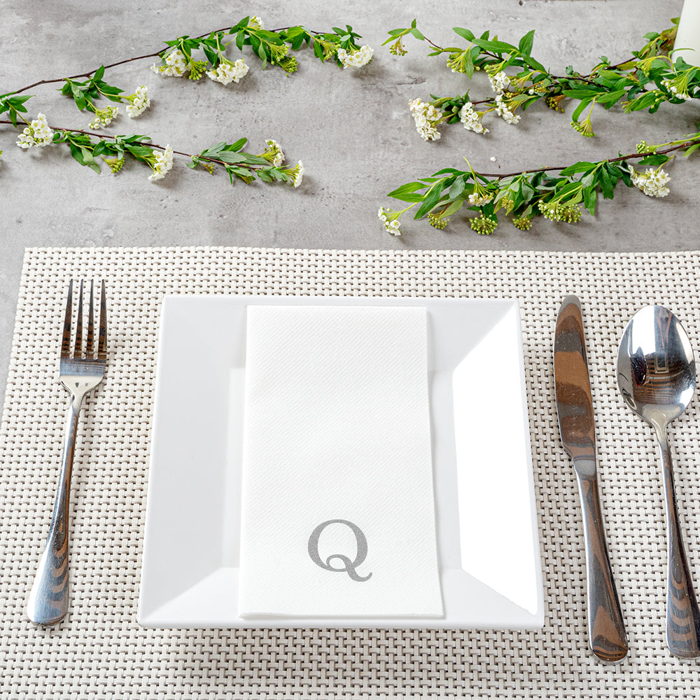 Luxenap Rectangle Silver Letter Q White Paper Linen-Feel Guest Towel / Napkin - Air Laid, Sans Serif Font - 15 3/4" x 8" - 2000 count box