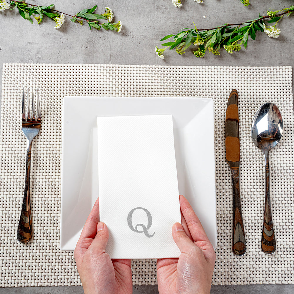 Luxenap Rectangle Silver Letter Q White Paper Linen-Feel Guest Towel / Napkin - Air Laid, Sans Serif Font - 15 3/4" x 8" - 2000 count box