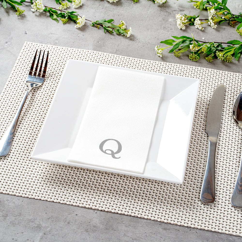 Luxenap Rectangle Silver Letter Q White Paper Linen-Feel Guest Towel / Napkin - Air Laid, Sans Serif Font - 15 3/4" x 8" - 2000 count box
