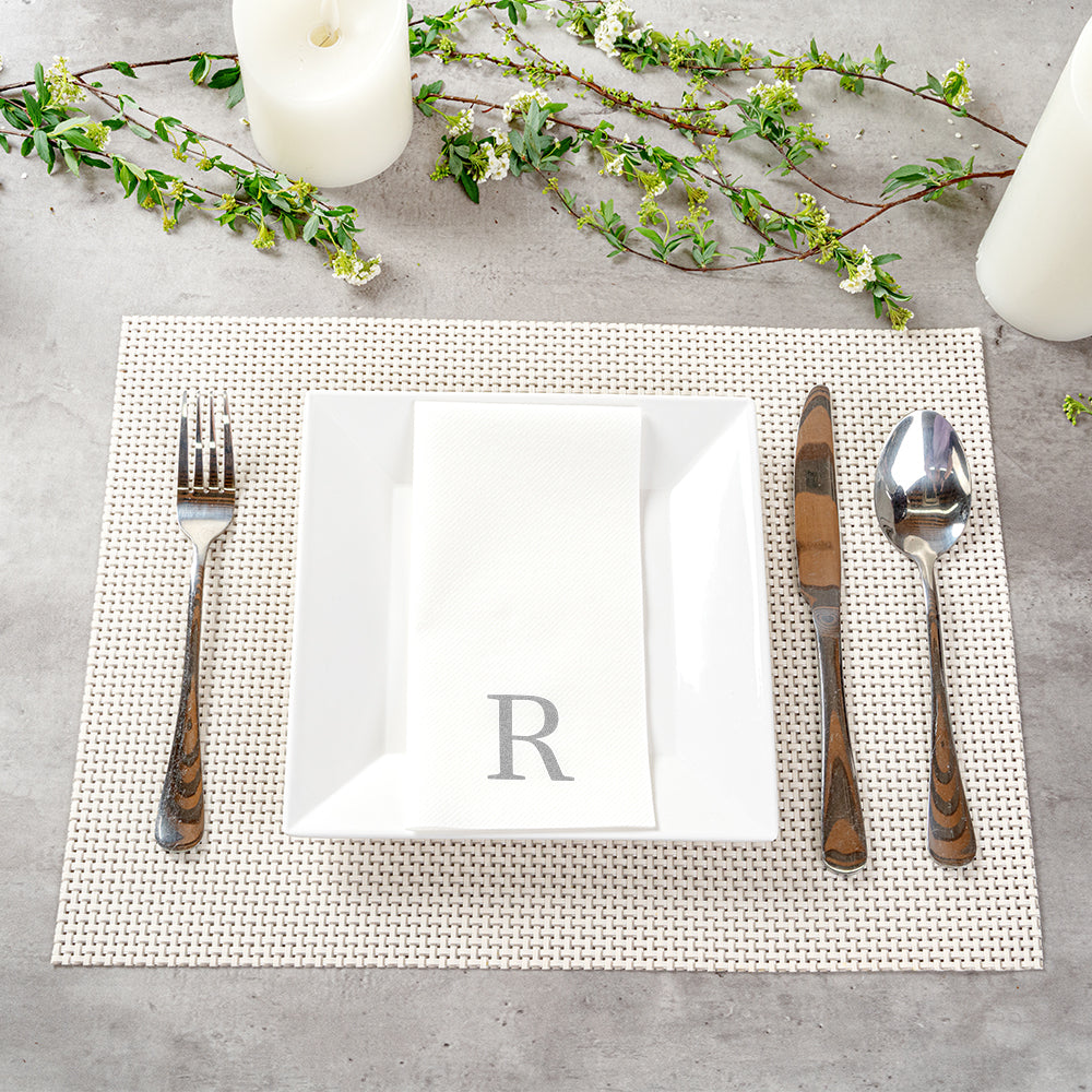 Luxenap Rectangle Silver Letter R White Paper Linen-Feel Guest Towel / Napkin - Air Laid, Sans Serif Font - 15 3/4" x 8" - 50 count box