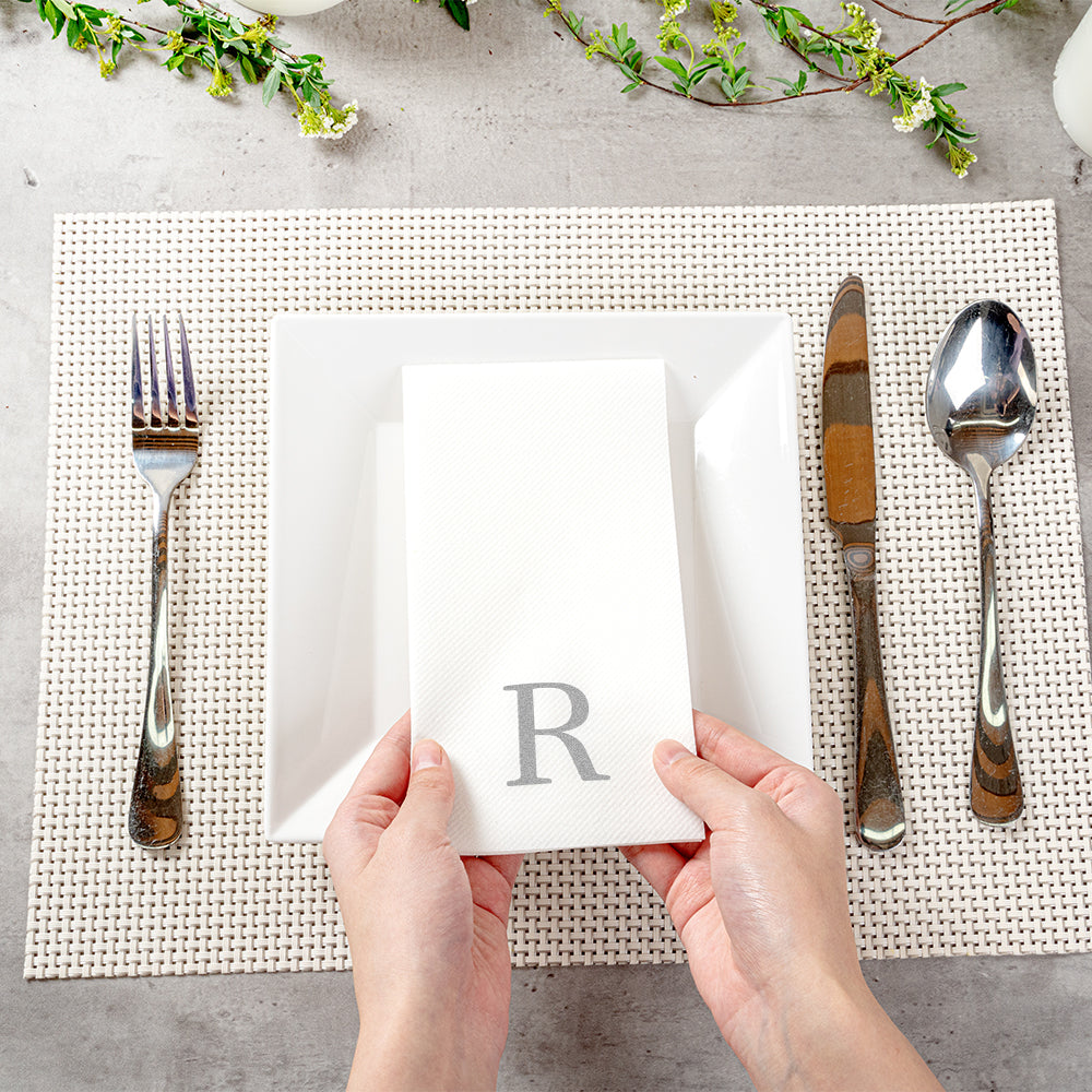 Luxenap Rectangle Silver Letter R White Paper Linen-Feel Guest Towel / Napkin - Air Laid, Sans Serif Font - 15 3/4" x 8" - 50 count box